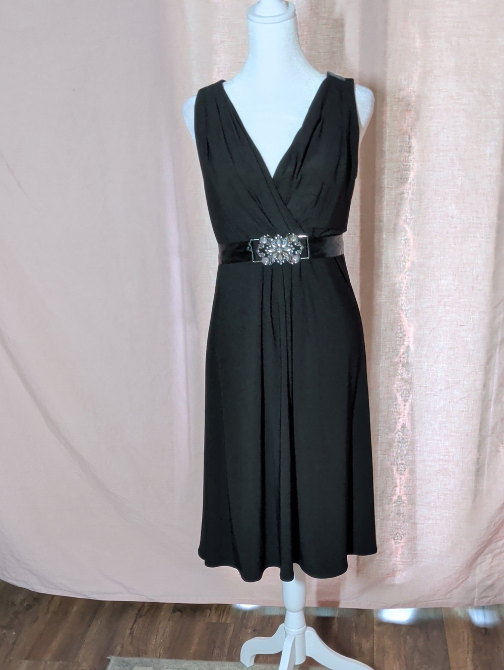 Scarlett Nite Black V-Neck Midi Dress with Jeweled Belt